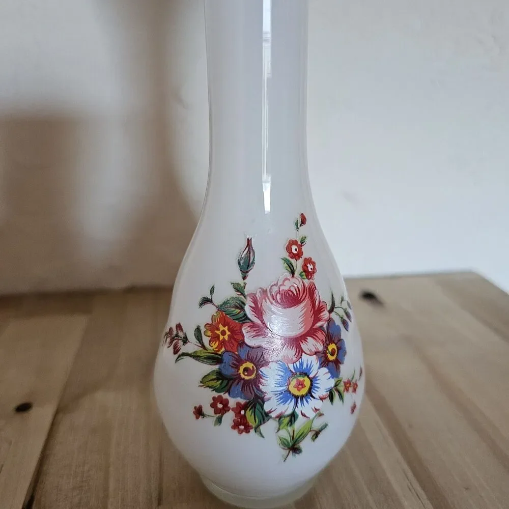 Vintage Frosted Glass Bud Vase – Floral Transfer Design – Mid Century Modern